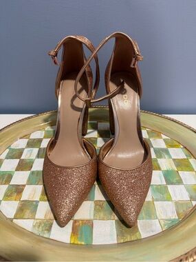 ALDO Rose Gold Glitter Pointed-Toe Ankle-Strap Heels
